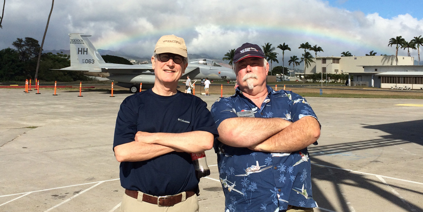 On Ford Island, in the middle of Pearl Harbor, with Burl Burlingame.